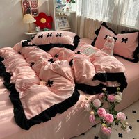 Ins Pink Bow Bedding Set Ruffles Duvet Cover Set Flat Sheet Set Women Girls Princess Bed Linen Set Single Twin Queen Bedclothes