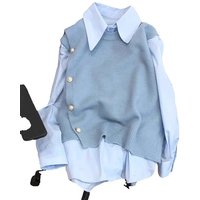 Candy Color Knit Vest Shirt Women Two Pieces Button Turndown Collar Long Sleeve Shirts Sleeveless Tanks Spring Fashion 2Pcs Set