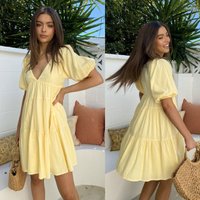 Women Yellow Puff Sleeve Tiered Mini Dress V Neck Short Sleeve Loose A Line Summer Casual Beach Sundress