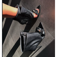 2026 summer new Sexy Women‘s metal buckled leather sandals high heels pointy toe hollow out suede luxury designer party booties
