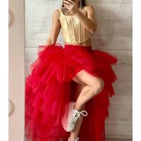 Women Tulle Petticoat Tiered High Low Elastic Waist Tutu Skirts Puffy Long Soft Net Gown Underskirt Prom Maxi Skirt Free Size