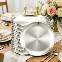 10Pcs Silver Stainless Steels Metal Round Plate Rust-Proof Shallow Tray Plate Camping Plate BBQ Picnic Dishes Cookware Tableware