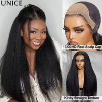 UNice 13x4 HD Real Scalp™ Lace Frontal Kinky Straight Human Hair Glueless Wig With Drawstring Pre Plucked Pre Cut Wear Go Wigs