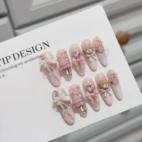 10pcs Handmade Cute Bear Press on Nails Sweet 3D Pearl Crystal Decor Fake Nails Wearable Korean Christmas Pink Bow False Nails