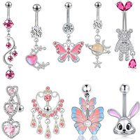 Pink Crystal Pendant Belly Button Ring For Women Stainless Steel Navel Piercing Jewelry Rabbit Heart Bear Butterfly Belly Ring