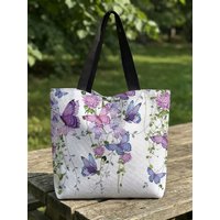 Purple Butterfly Floral Print Tote Bag Large Capacity Canvas Shoulder Bag For Shopping Travel Daily Use