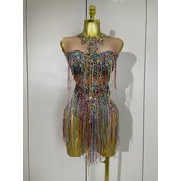 STOCK Sparkle Colorful Rhinestones Sequins Tassel Bodysuits Evening Birthday Party NightClub Bar DJ Dancer Team Stage Costume