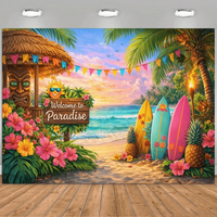 Hawaiian Luau Party Backdrop, Tropical Beach Paradise Background with Tiki Hut, Surfboards & Pineapples for Summer Party