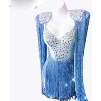 Women Stage Wear Sexy V-Neck Rhinestones Pink Blue Fringes Epaulet Bodysuit DJ Singer Nightclub Costume Elastic Tassels Catsuit