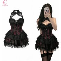 Gothic Retro Chic Lace Halter Neck Corset High Waist 2 Piece Sets Women Bow Ruffle Trim Skirt Suits Party Daily Female Clothes