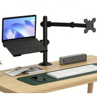 Podwójny, w pełni regulowany, ergonomiczny stojak na laptopa i monitor, z mocowaniem za pomocą zacisku, wytrzymałe stalowe ramiona, udźwig do 8 kg, przeznaczony do ekranów o przekątnej od 13 do 27