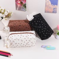 Large Capacity Corduroy Pencil Case, Bow Heart Zipper Pouch, Multi-purpose Desk Storage Bag for School Students