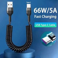 USB Type C 66W 5A Car Fast Charging Type C to USB C Spring Telescopic Data Cable For iPhone Samsung Huawei Xiaomi Redmi OnePlus