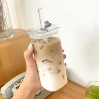 1pc Square Glass Coffee Mug with Lid and Straw Heat Resistant Transparent Milk Coffee Tea Juice Cups For Home Bar Drinkware