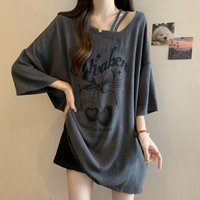 Spring and Summer Large-size Women's Clothing Popular Loose and Thin Sequin Printing Irregular Collarbone Short-sleeved T-shirt