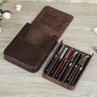Vintage Genuine Leather Pen Box Case with 6 Slots Removable Pen Tray Holder Retro Pen Pouch Bags School Office Supplies