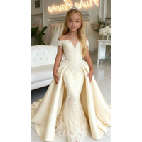 Custom Flower Girl Dress Wedding Gown Birthday Party Dress Off Shoulder Lace Mermaid Satin Princess Gown With Overskirt For Litt