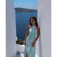 Blue Irregular Print Beach Sets Women's Halter Backless Crop Top Long Skirt Matching Set Suit Summer Wear Holiday Vacation 2026
