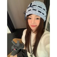 Korean Autumn And Winter Versatile Knitted Velvet Bow Thickening Warm Hooded Cold Hat
