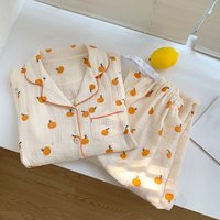 Cute V-neck Fruits Pajamas Suit Loose Sweet Two Piece Nightwear Short-sleeves Homewear Women Short Sleepwear Girl