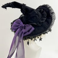 Handmade Lace Velvet Witch Hat with Lace Trim and Moon Pendant for Halloween Costume Party Masquerade Cosplay Party Accessory