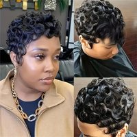 Pixie Cut Wigs Human Hair Wigs Short Curly Pixie Cut Wigs For Black Women's Full Machine Made Wig Pixie Curly Black 210% Density