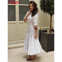 TTQV Fashion Slim White Cotton Women Dress Summer O-Neck Short Sleeve Ankle Length Dresses Elegant Classic Pleated Female Dress