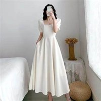 Women's Cleanfit High Waist A-Line Dress Hepburn Style White Bubble Sleeve Square Collar Slimming Waist Dress