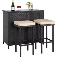 v Wicker Patio Outdoor Bar Set 2 Stools and 1 Glass Top Table Bistro Set Brown Furniture for Deck Lawn