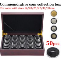 50PCS Wooden Coin Collection Box - Wood Storage Case For Commemorative Coins Black inner Cushion Organizer Adjustable Inner Pads
