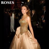 ROSES Champagne Gold Elegant Prom Dresses Halter Neck A Line Satin Celebrity Dress with Beaded Sequin Evening Dress Customized