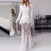 Fashion Irregular Lace Splice Formal Evening Suit Elegant Single Breasted Top+Skirt 2pc Set Temperament White V-neck Slim Outfit