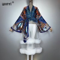 WINYI Kimono Women Print Lace hemline cardigan Long Sleeve coat abaya dubai luxury beachwear Cover Up boho dress kaftan jacket
