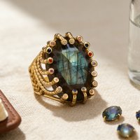 Natural Crystal Ring Gemstone Gold-Plated Ring Amethyst Labradorite Finger Rings Vintage Fashion Women's Jewelry Gift Accessory