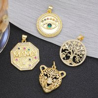 Juya 18K Real Gold Plated Copper Material Cz Paved Tree Of Life Greek Evil Eye Hexagon MAMA Panther Leoaprd Charms Supplies
