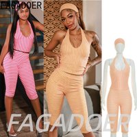 FAGADOER Retro Striped Print Shorts Two Piece Sets Summer Women's Sexy Deep V Halter Crop Top and Skinny Shorts Suits Streetwear