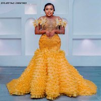 EVLAST Customized African Gold Yellow Prom Dress Luxury Beaded Floral Mermaid Wedding Party Dress Nigerian Evening Gown E2P80