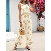 Women's Boho Floral Print Sleeveless Top and Wide Leg Pants Two Piece Set