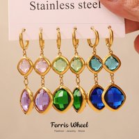 Trendy Stainless Steel Square Dangle Czech Glass Pendant Earrings Gold Plated Ear Stud Wedding Jewelry Gift