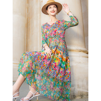 High Quality Summer 2023 Beach Boho Vintage Print Chiffon V Neck Dress Elegant Party Robe Designer Vestidos Loose Midi Dresses