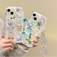 Korean Cute 3D Bear Flower Wrist Chain Case for Samsung Galaxy S25 FE S26 Ultra Plus A57 A37 A17 A56 A07 A55 A36 A16 5G Shell