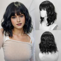 Synthetic Bob Wigs for Cosplay Short Black Wigs for Women 14 Inch Wavy Wig with Bangs Natural Looking Heat Resistant