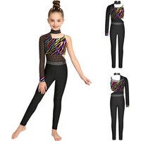 Kids Girls Ballet Gymnastics Dance Outfit Asymmetrical One Shoulder Mesh Long Sleeve Rhinestones Jumpsuit with Crop Top Sets
