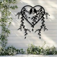 Elegant Metal Bird Vine Wall Art - Heart Silhouette with Birds, Vines&Leaves, Indoor/Outdoor Decoration