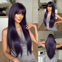 NAMM Long Straight Deep Purple Wig With Neat Bangs And Heat Resistant Fiber Natural Synthetic Full Machine Hair Wigs for Daily U