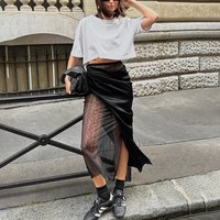 Linad Sexy Black Patchwork See Through Long Skirts Lady Street Chic High Waist Straight Skirts Summer Elegant Satin Split Skirt