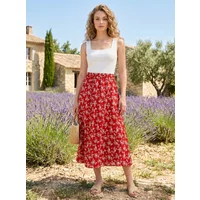 Women's Summer Skirts Vintage Floral Printed Chiffon Skirts High-waisted Elastic Waist Relaxed Mid-length Skirts Beach Skirts