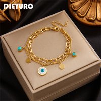 DIEYURO 316L acier inoxydable rond bleu oeil forme Bracelet à breloques pour femmes Vintage filles poignet Bijoux fête vacances cadeau Bijoux