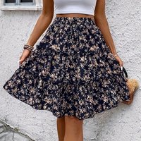 Women's Spliced Cake Skirt Fashionable Floral Print Elastic Waist Strap Versatile Casual Skirts Comfortable knee-length skirt