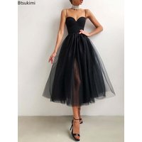 New Women's Cocktail Party Dresses Sexy Solid Spaghetti Strapless Tulle Tutu Dress Elegant Side Slit Fashion Mesh A-Line Vestido